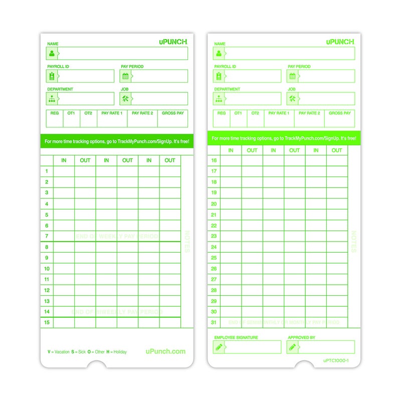 uPunch 2 Pack Ribbon/200 Card Combo for Green HN3000 AutoAlign Time Clocks (HNRG2TCG1200) - Image 2